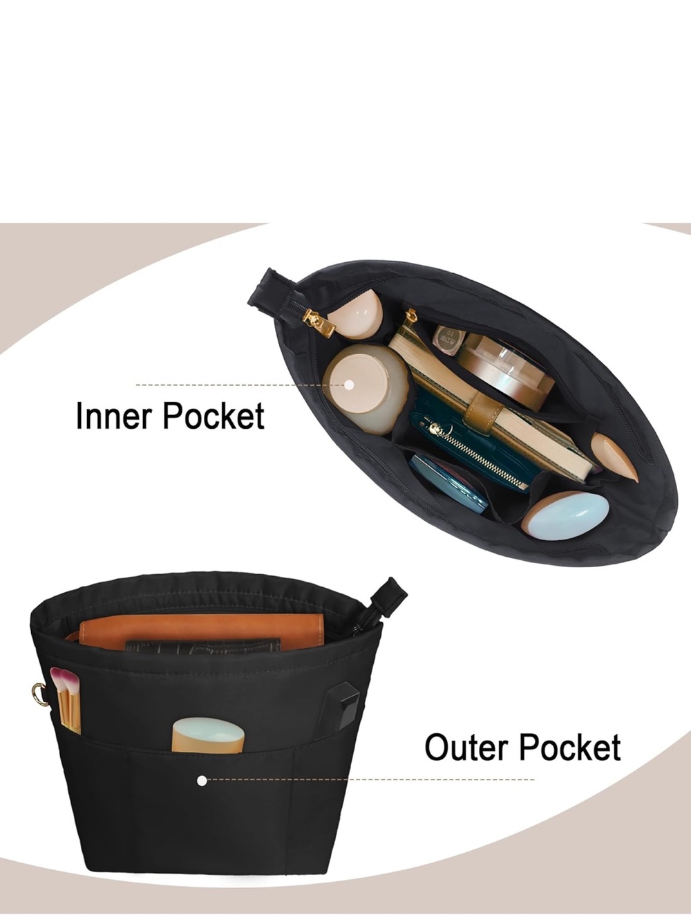 Purse Insert Organizers for Petite Tote Bag Organizer Shaper with Zipper Black - Picture 5 of 8